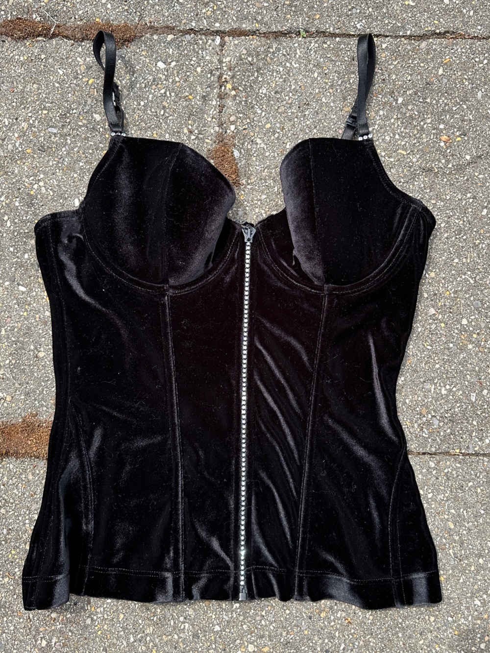Vintage La Senza Y2K Black Velvet Rhinestone Zip Up Corset Top Size Large
